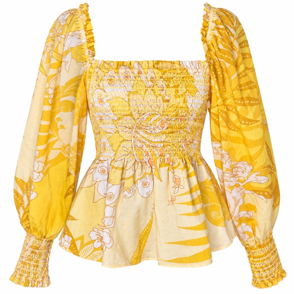 Hale Bob Blouse S Yellow Floral Boho Cottagecore Smocked Puff Sleeve Peplum